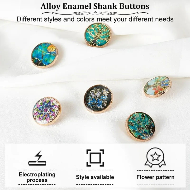 24Pcs 6 Styles Alloy Enamel Shank Buttons Plant Theme Metal Blazer Buttons 20x8mm Flower Tree Vintage Shank Buttons Round