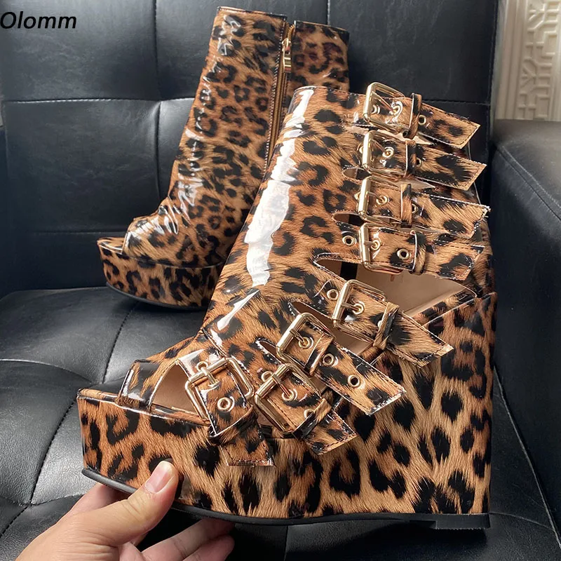 

Olomm Hot Women Platform Sandals Patent Buckle Strap Wedges Heels Round Toe Beautiful Leopard Cosplay Shoes US Plus Size 5-20