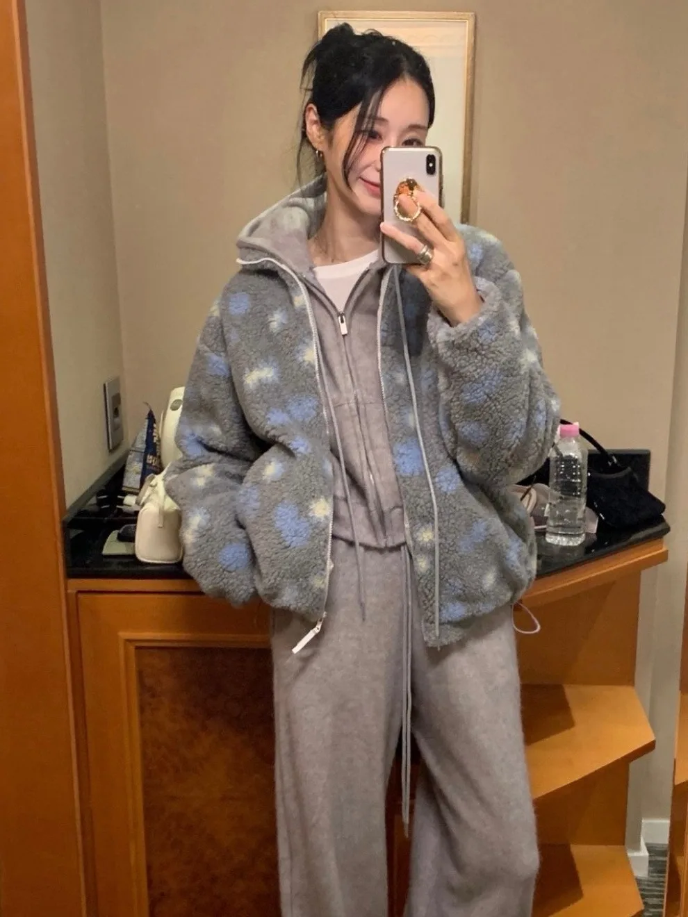 Korean Sle Lamb Velvet Lined Cotton Jaet Women's Winter Faionable Warm Top  Print Outerwear Loose Fit Zipper