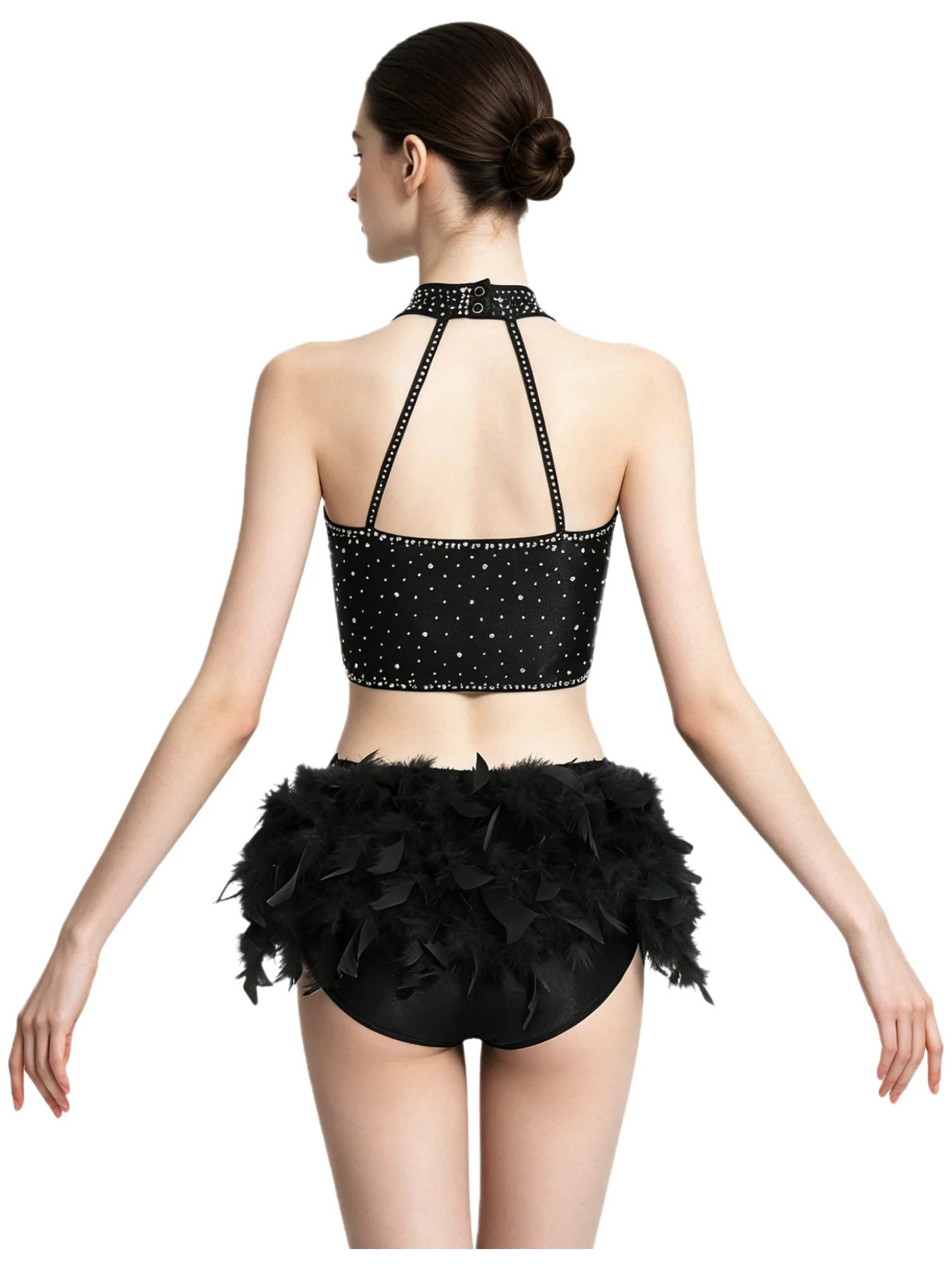 

Women Latin Salsa Cha Cha Tango Dance Outfit Sleeveless Rhinestone Crop Top and Tassel Pants Sparkly for Stage Performance