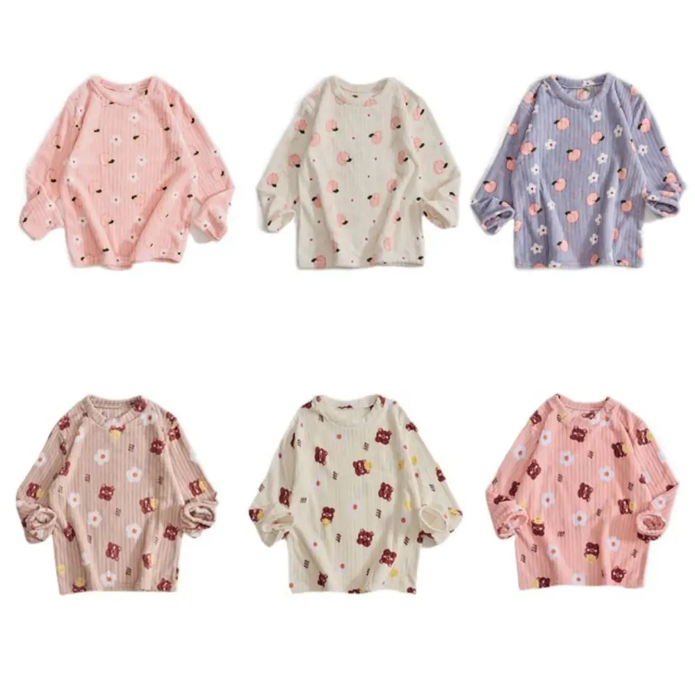 Pakaian Rumah Setelan Tidur Beludru Beruang Lucu Motif Bunga Lengan Panjang Piyama Setelan Baju Tidur Peach Musim Dingin Tebal Hangat Piyama Hadiah untuk Gadis