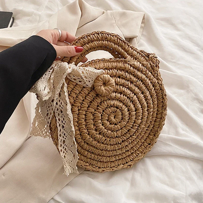 Woven Bow Decors Straw Round Bags For Women Summer Crossbody Bag Purse Summer Beach Bags sac a main femme