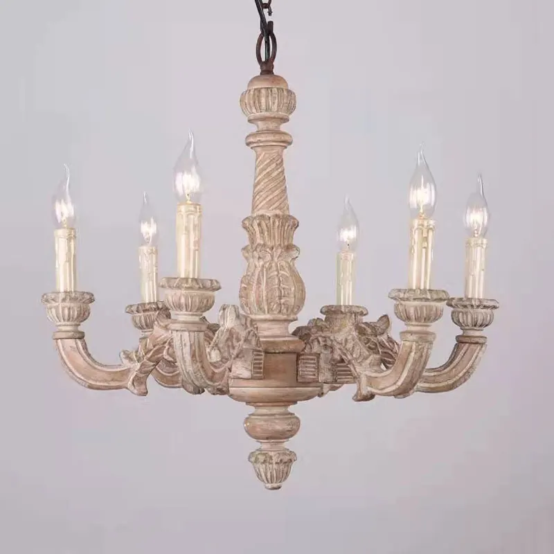 

Creative 6 Heads French Solid Wood Carved Pendant Light American Living Room Bedroom Dining Room Farmhouse Retro Lighting Fixtur