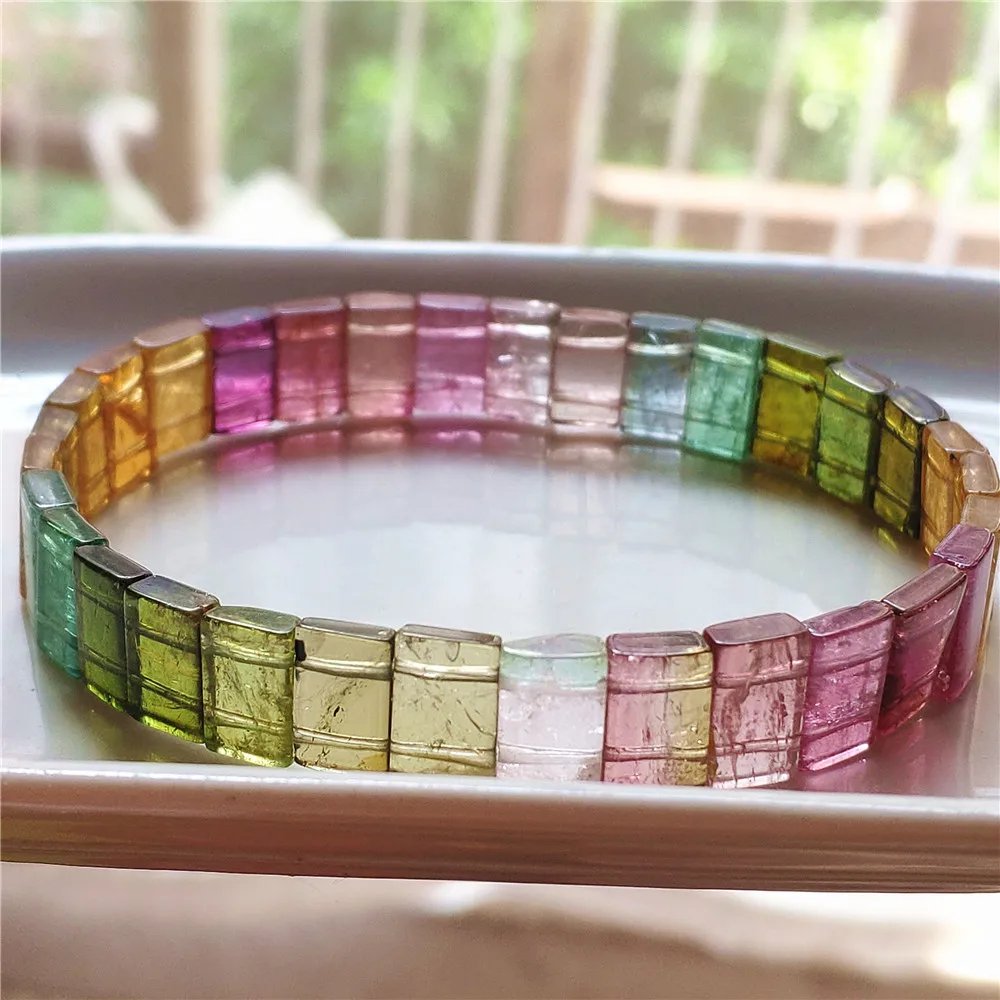 Natural Colorful Tourmaline Rectangle Beads Bracelet Blue Red Green Tourmaline 10x5mm Brazil Women Men Jewelry AAAAAAA