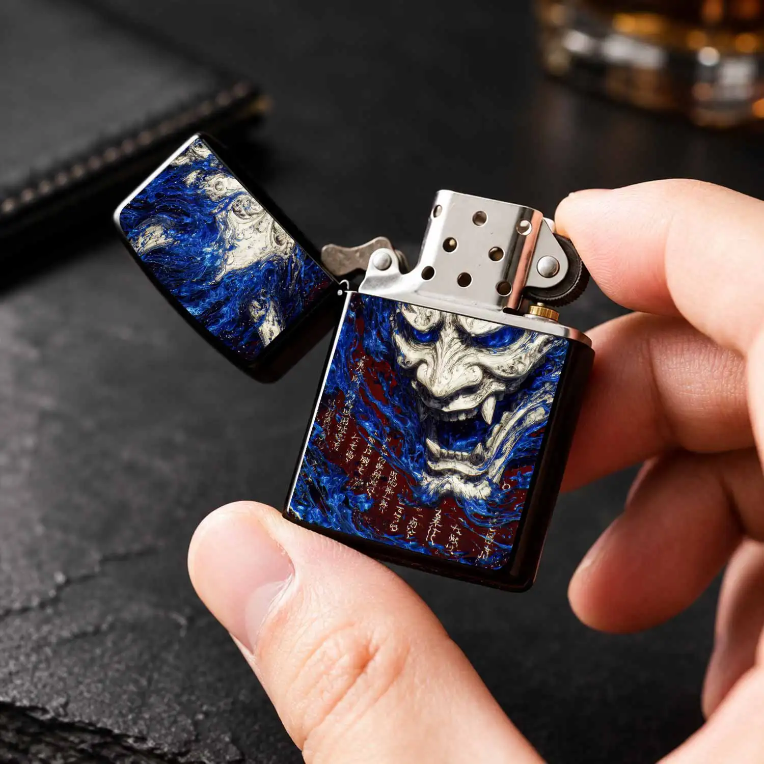 Creative Hannya Pattern Lighter, Stylish Blue Flame Oni Mask Art Desktop Ornament, Portable Cool Accessory For Daily Use, Unique Oriental Aesthetic Decor, Exquisite Gift For And Friends In Any Scene Interesting And Humorous Lighters - view 4
