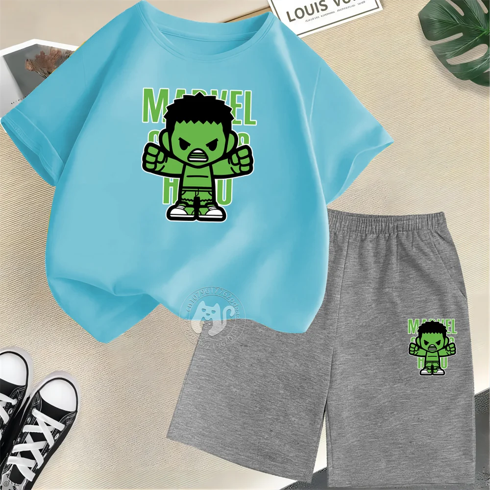 Summer 100% cotton T-shirt + Shorts Boys Girls Cartoon Fierce Hulk Printed Kids Fashion street casual comfortable kids wear