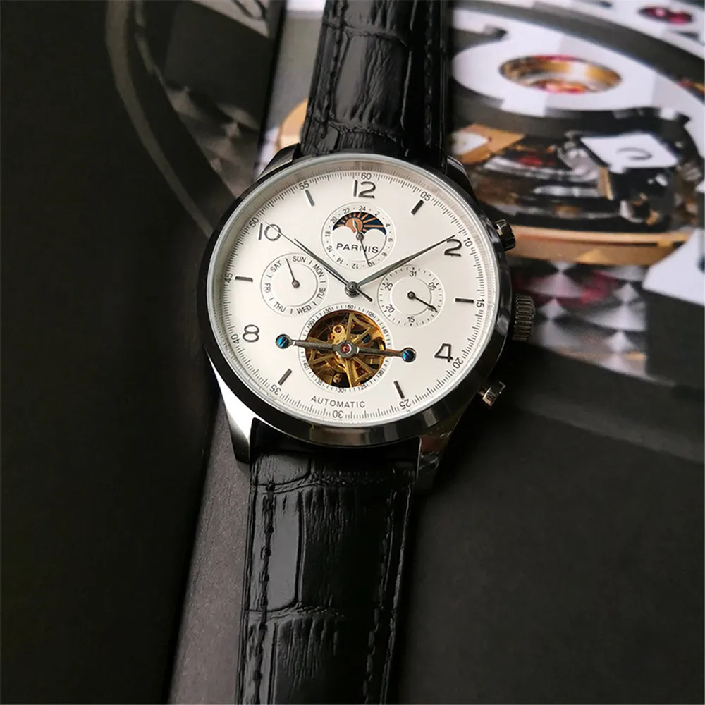 Parnis 43mm White Dial Automatic Movement Commander Watch Power Reserve Indicator