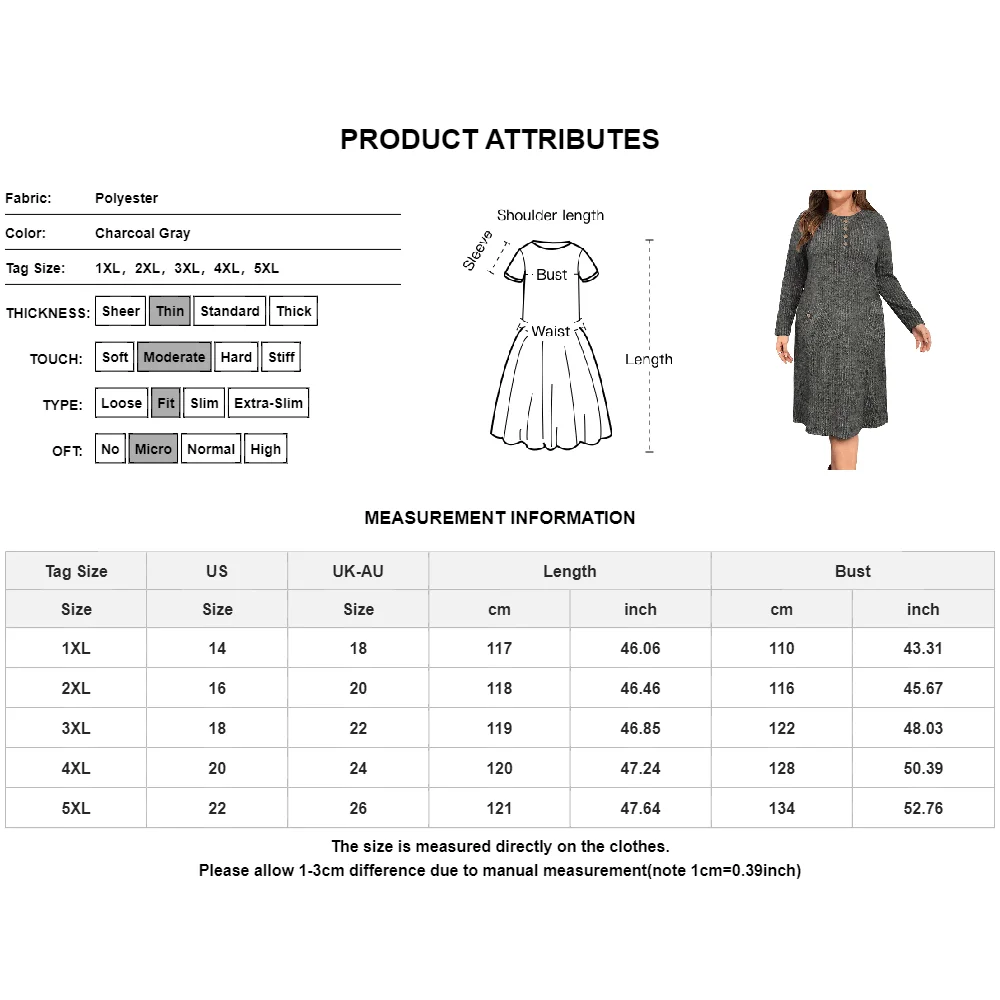 Women\'s Vintage Design Knit Dress Ribbed Autumn Winter Warm Sweater Dress Long Sleeve Plus Size Loose Pocket Vestidos Streetwear