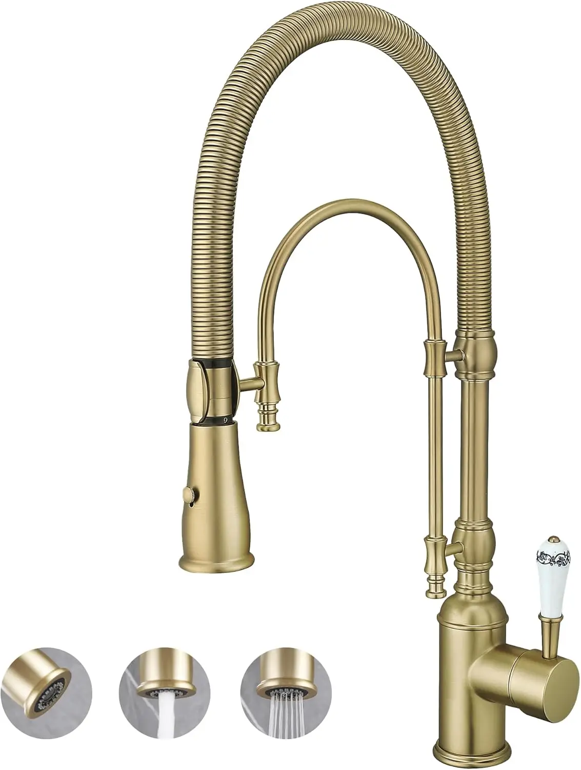 

Antique High Arc Single Handle Spring Kitchen Faucet with Pull Down Sprayer, Brushed Gold for Farmhouse Sink