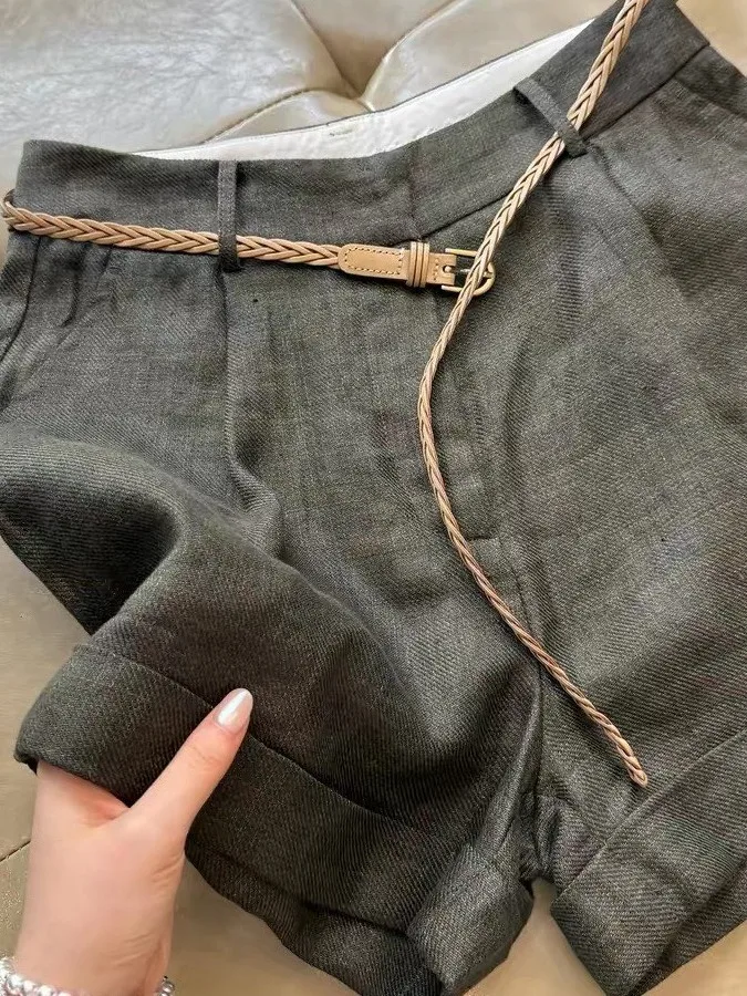 High Waist Cotton Linen Wide Leg Short Pants Women Summer Fashionable Casual Cuffed Straight Leg Hot Pants Casual Wide Leg Pants