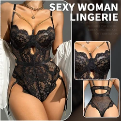 Erotic Lingerie Women Lace Hollow Bodysuit Erotic Pajamas y Crotchless Lingerie Teddy Babydoll Dress Open Porno Underwear