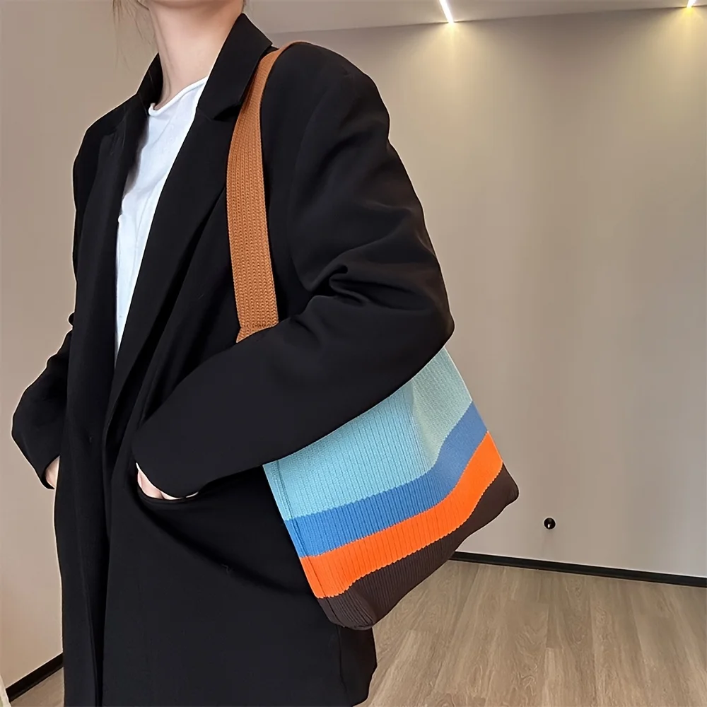Neue Regenbogenfarbene Stricktasche im koreanischen Stil, einfache und vielseitige gestreifte Handtasche, Schultertasche, große Kapazität, Damentasche – Detail 2