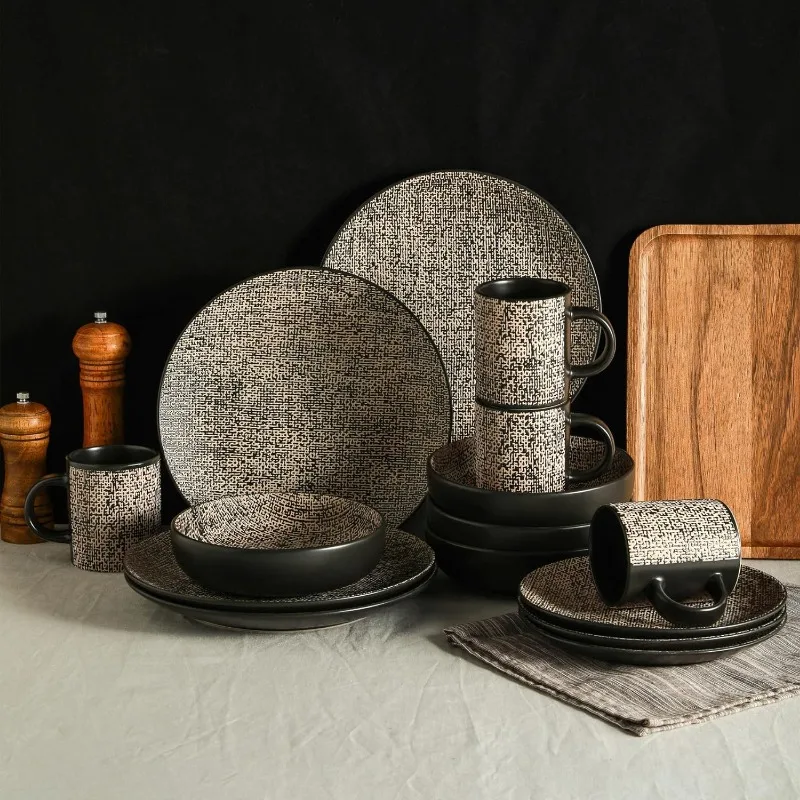 Sophie Rustic Stoneware Dinnerware Service for 4, Textured, Plates and Bowl Set, 16 Pieces