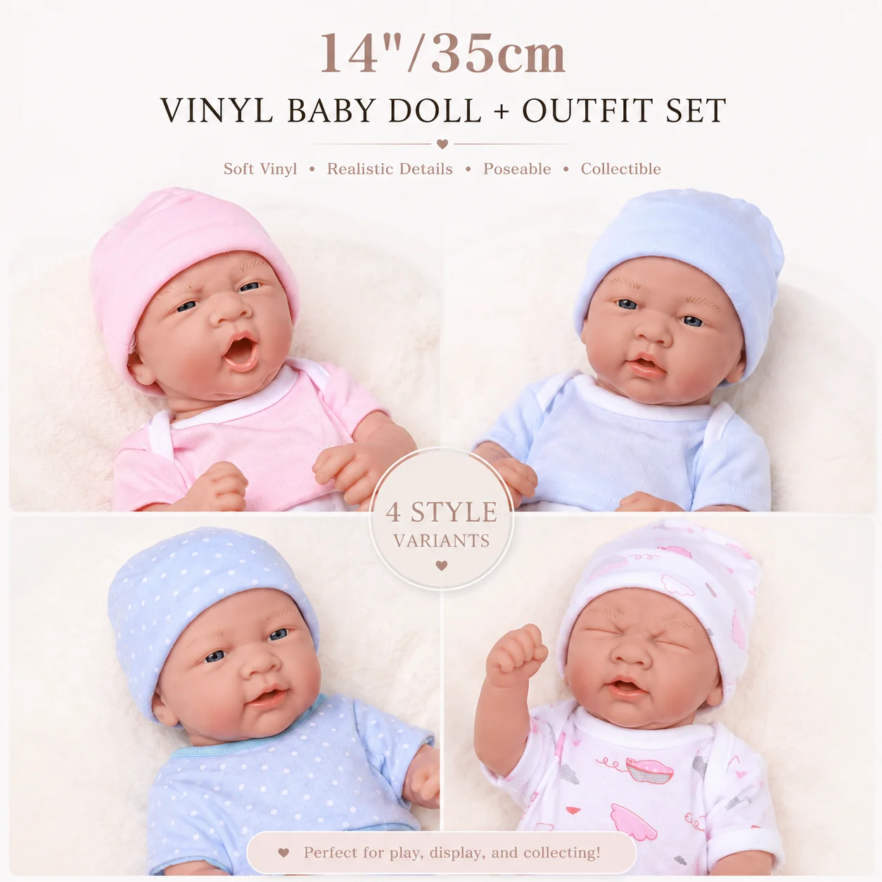 14 Inch 35cm Vinyl Reborn Baby Doll with Clothes Realistic Newborn Expression Soft Body Outfit Set Kids Birthday Gifts Toy Play