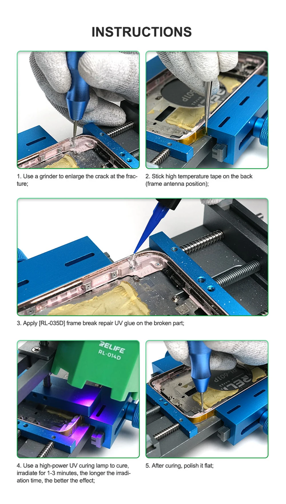 RELIFE RL-035D lem UV reparasi bingkai rusak, alat reparasi perbaikan ponsel bingkai kamera Tengah