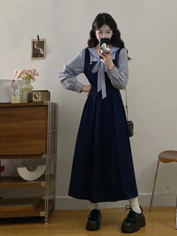 

College Sle plus Size Midi Dr Zanblue irt Collar Skirt High Waist Pleated Long Sve Knot Spring Early