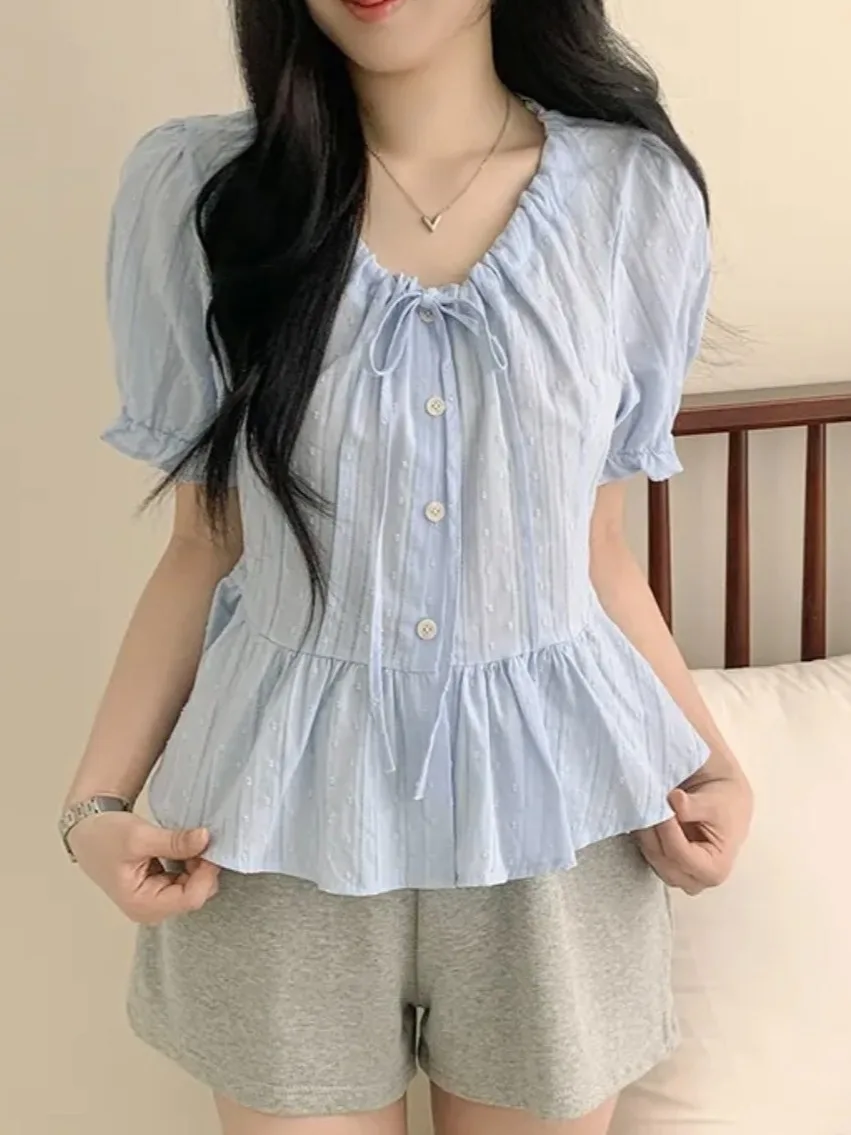 เสื้อเบลาส์ผู้หญิงทรงหลวม แขนสั้น แต่งลูกไม้ รุ่นเกาหลี ลายจุด 3 มิติ ผูกโบว์ สไตล์ลำลอง แฟชั่นฤดูร้อน
