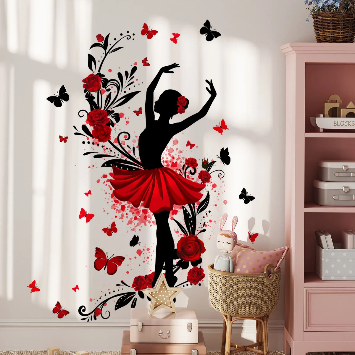 Red Rose Ballet Girl Butterfly Wall Stickers Living Room Bedroom Children's Room Decoration Self Adhesive Wall Stickers