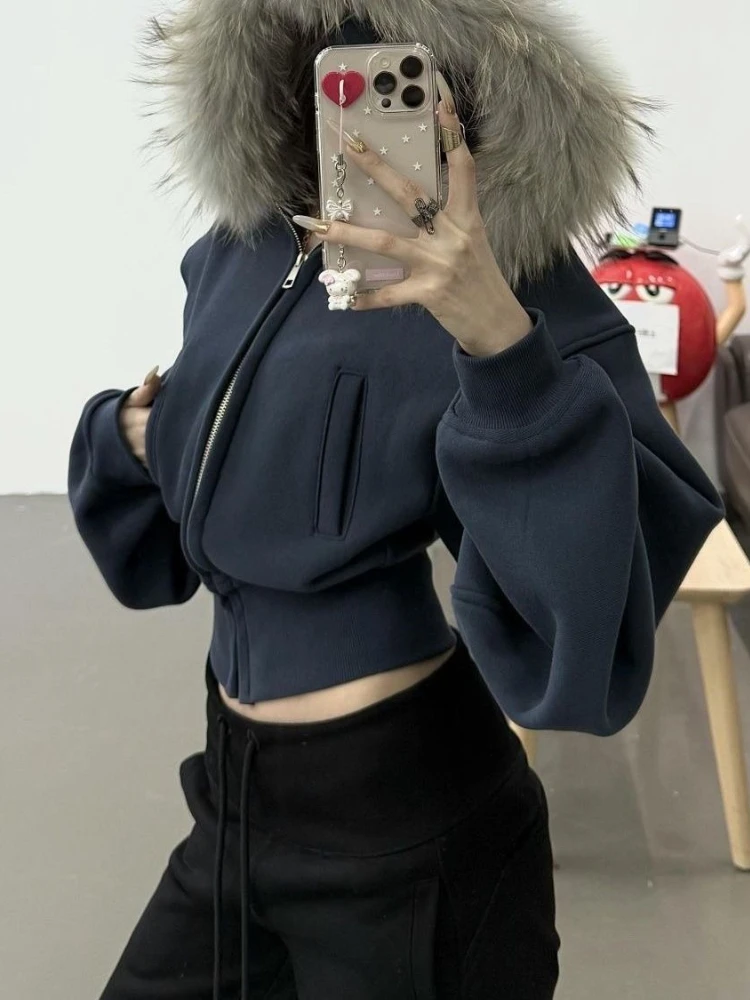 Chaqueta con capucha de manga larga Harajuku Vintage americano para mujer, abrigo informal de piel sintética de Color puro, ropa de calle con cremallera, otoño 2025