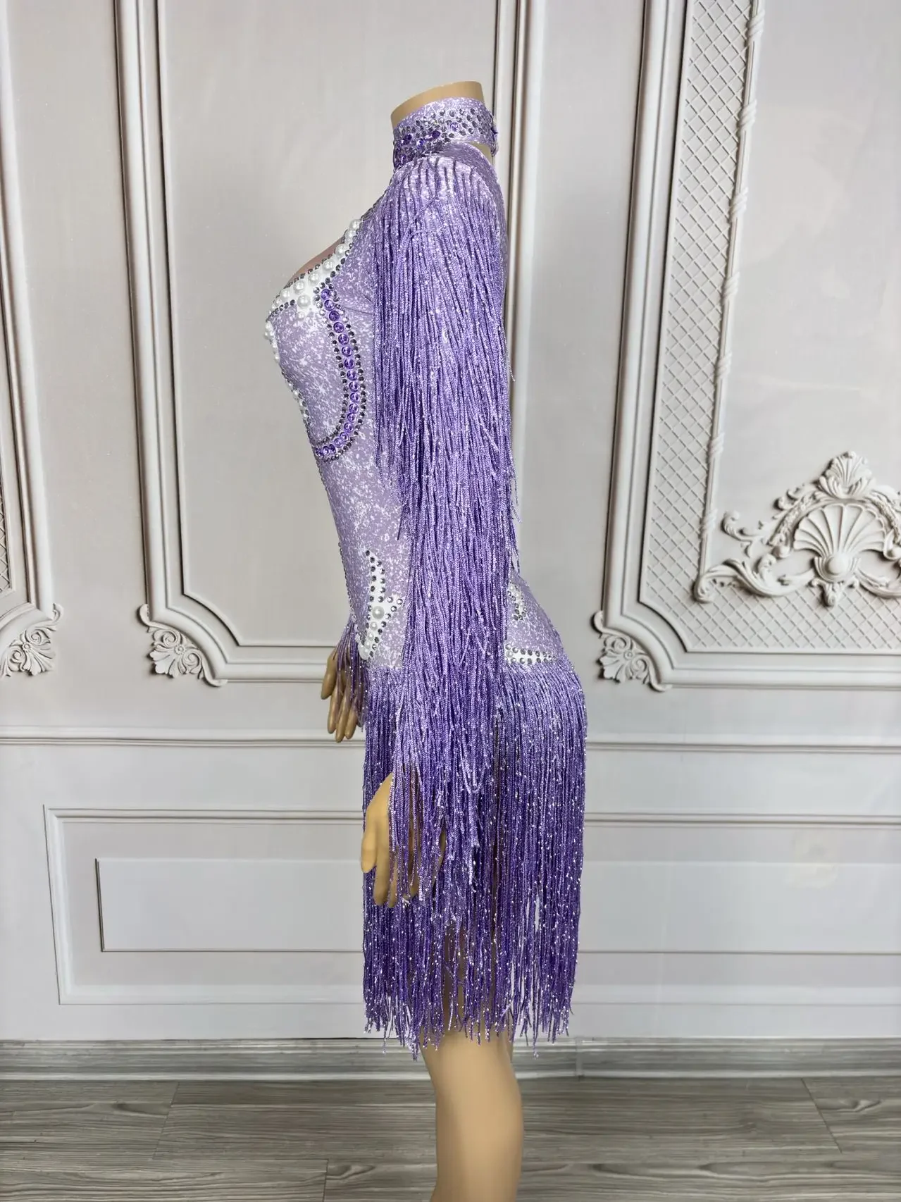 クリスタルラインストーンボディスーツステージパフォーマンスナイトクラブタッセルジャズダンス衣装女性パーティー制服ジャンプスーツ Gongniu