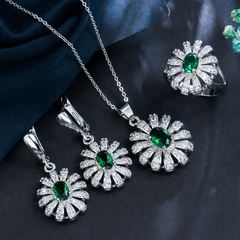 

ThreeGraces Fashion Green Cubic Zirconia Stone Flower Necklace Earring and Ring Set Bridal Wedding Party Jewelry for Women JS500