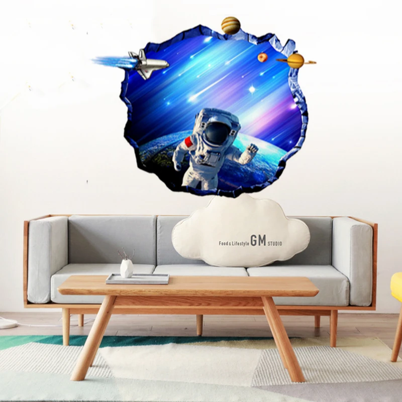 Astronaut Broken Wall Art Space Planet Meteor Vinyl Mural Stickers for Home Decoration Kids Room Boy Bedroom Landscape Wallpaper