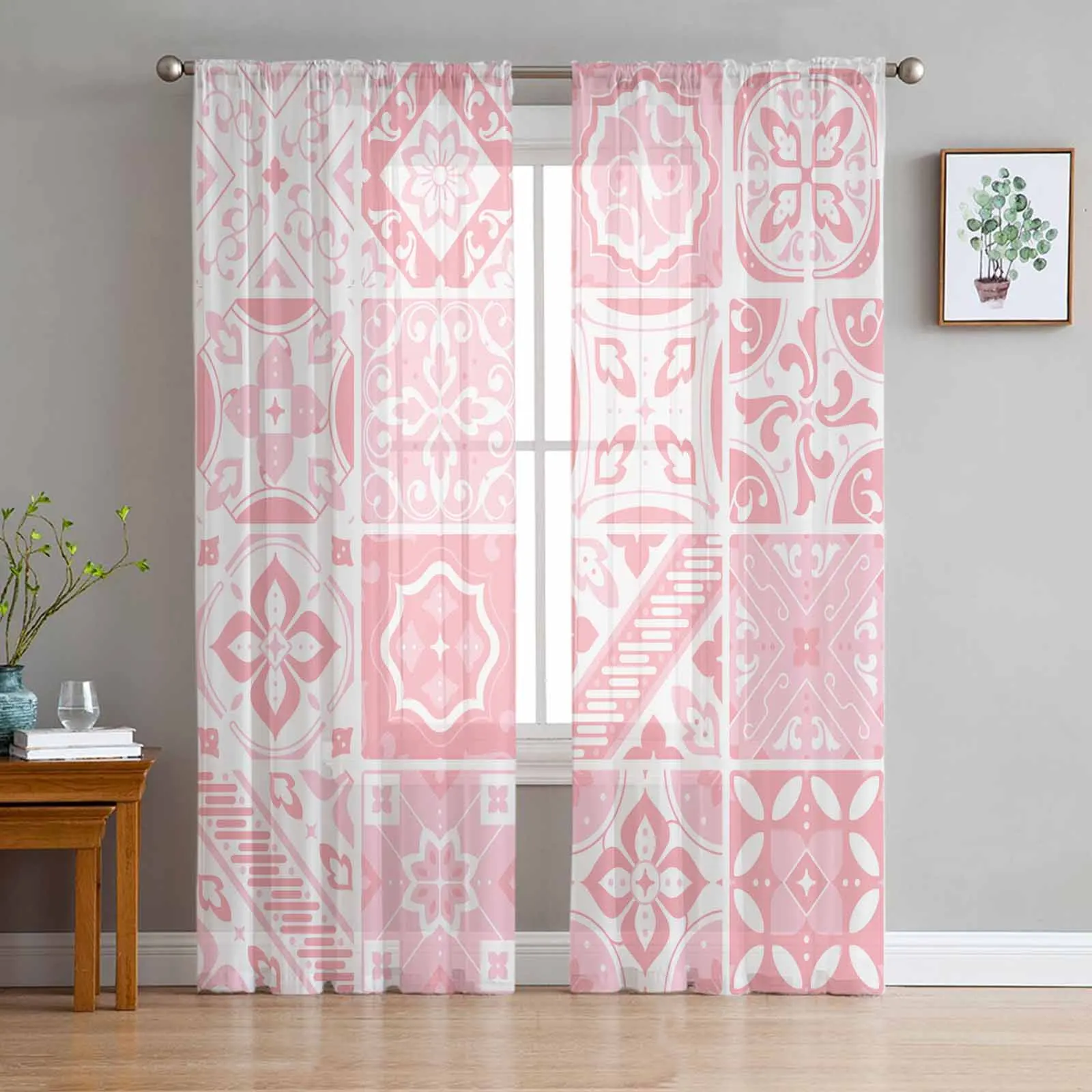 Ceramic Tiles Bohemian Floral Pink Sheer Curtains for Living Room Decoration Window Curtains Kitchen Tulle Voile Curtains