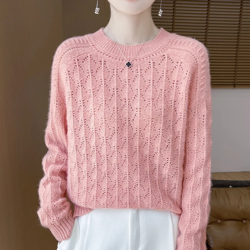 

Autumn and Winter New Women's Sweater 100% Pure Wool Solid Color O-Neck Cashmere Fashion Hollow Loose Knitted Korean Version Top