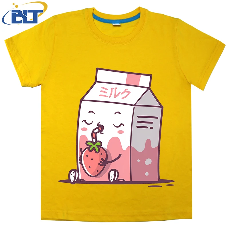 T-shirt de algodão com estampa morango, manga curta, casual, kawaii, para crianças, meninos e meninas, verão