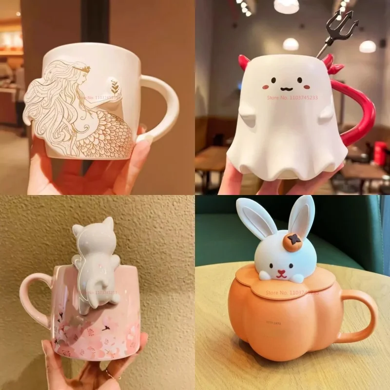 2024 New Kawaii Ceramic Mug Irregular Ice Cream Cone Cup Creative Cover Straw Mug Coffee Milk Cup Home Office Cup Girl Cute Gift