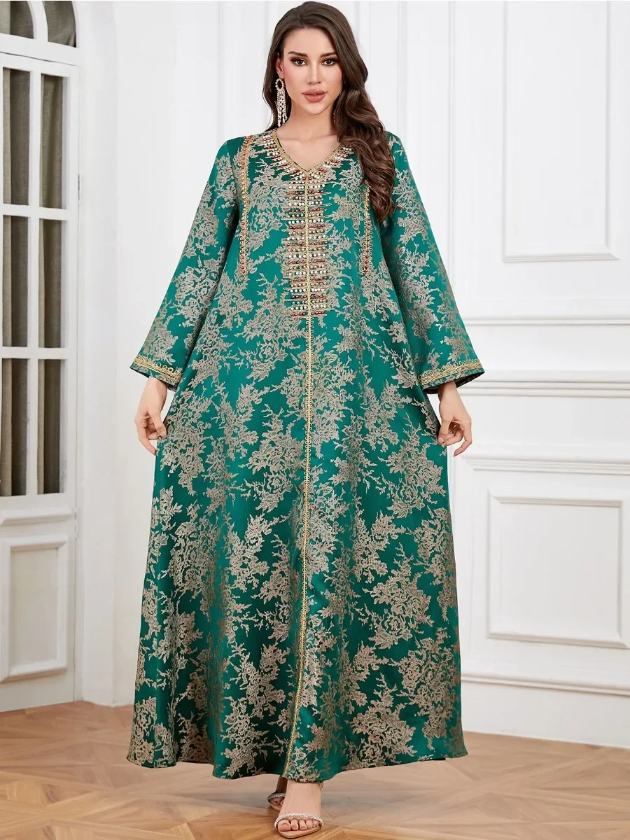 Vestido musulmán Eid para mujer Abaya con cuentas y cuello en V Vestidos largos Vestidos Largos caftán de fiesta Jalabiya Ramadán Dubai vestido largo árabe 2025