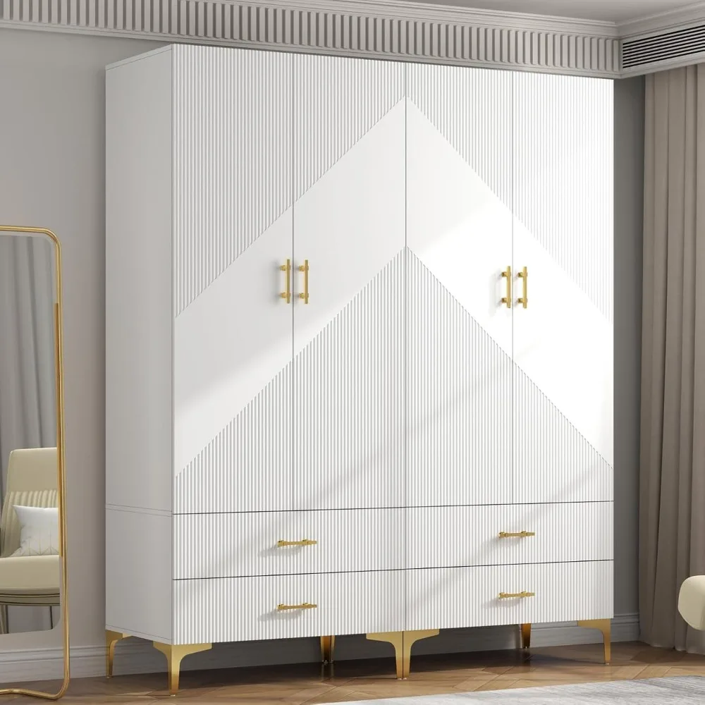 Wardrobe Armoire with 4 Drawers, 4 Doors and 2 Hanging Rods, Twill Wooden Closet Storage with Metal Cabinet Legs