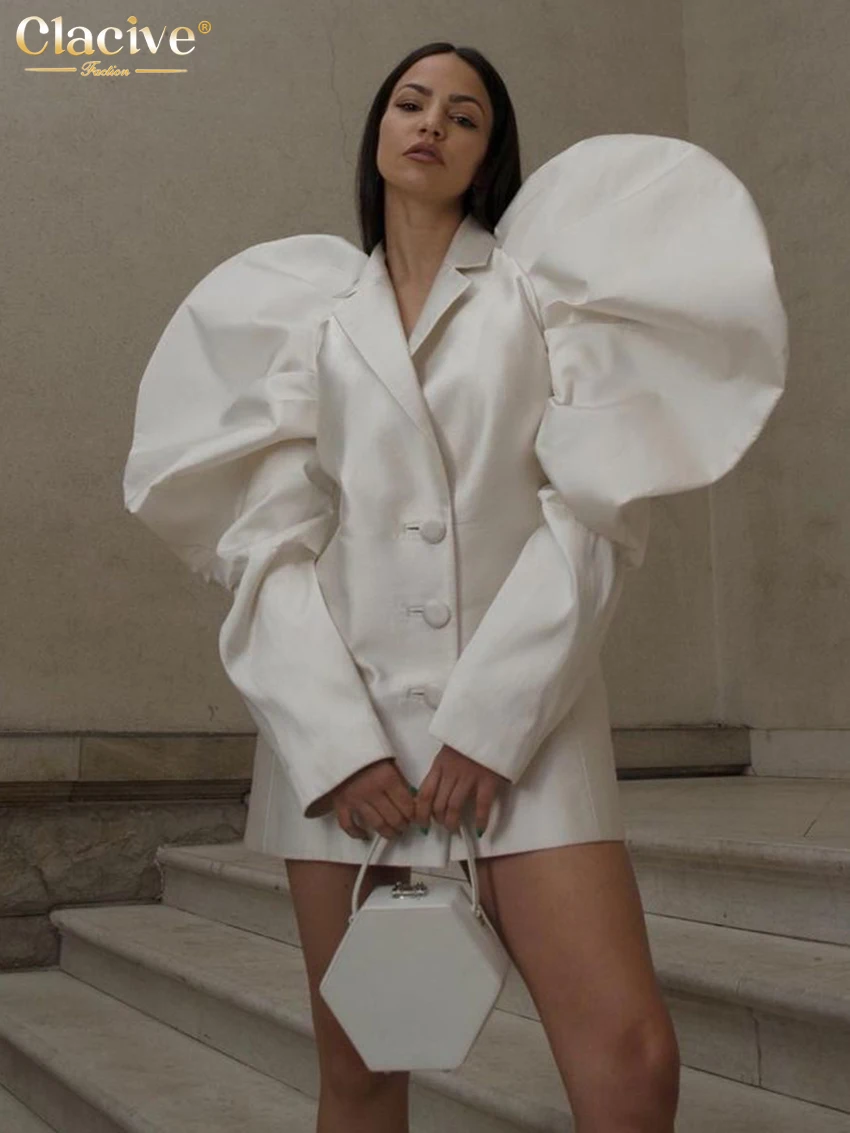 Clacive-女性のだぶだぶのベージュのサテンドレス、エレガントなラペル、パフスリーブ、ミニドレス、カジュアル、クラシック、シルキー、女性、ファッション、2024