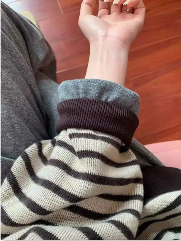 

Retro American Striped Sweatshirt Women's Autumn Winter Loose BF Lazy Style Long Sleeve Outerwear Top Trendy Polyester Cotton...