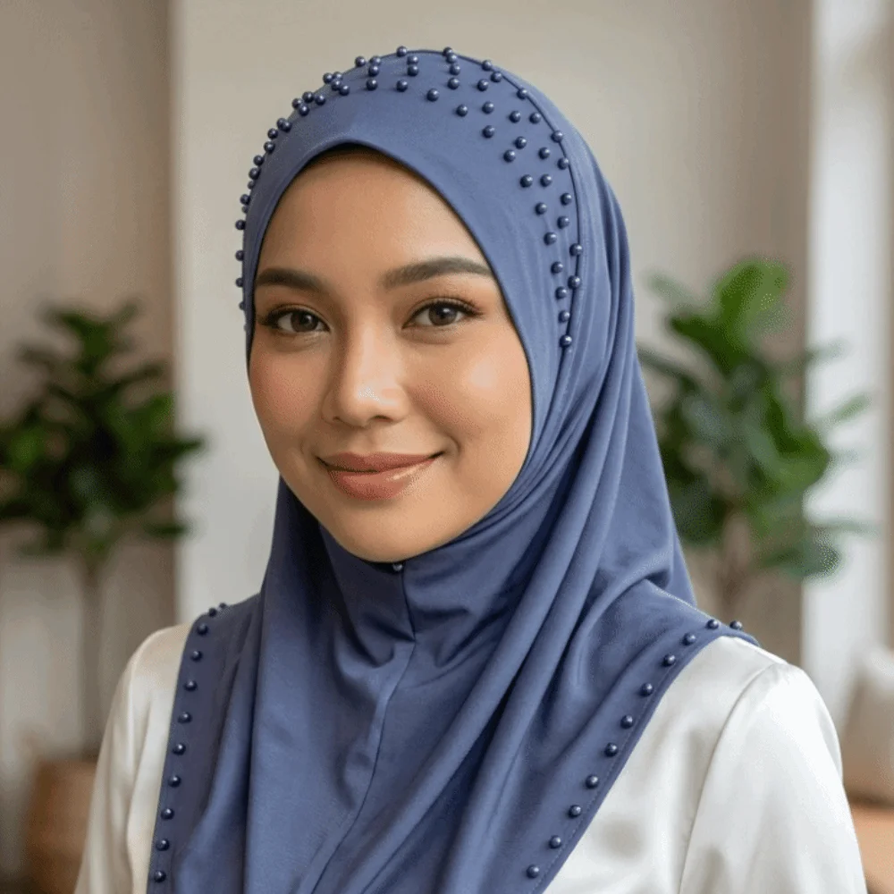 Elegant Soft Beaded Instant Hijab Breathable Easy Wrap Pull-On Turban Stretch Solid Color Malay Headscarf Formal