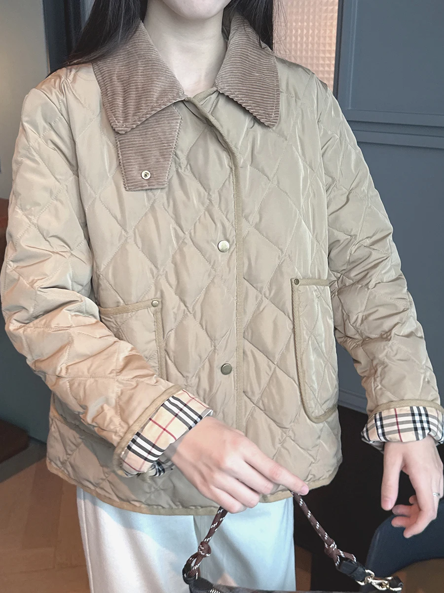 

Earmilan Barn Sle Lazy Lightweight Corduroy Collar ort Diamond Pattern White Goose down Jaet Women's Winter Coat