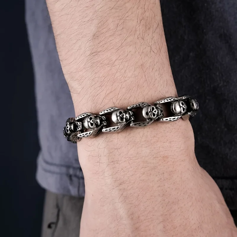 Fashion Punk Skull Head Titanium Steel Men\'s Bracelet Vintage Rock Motorcycle Bracelet Jewelry