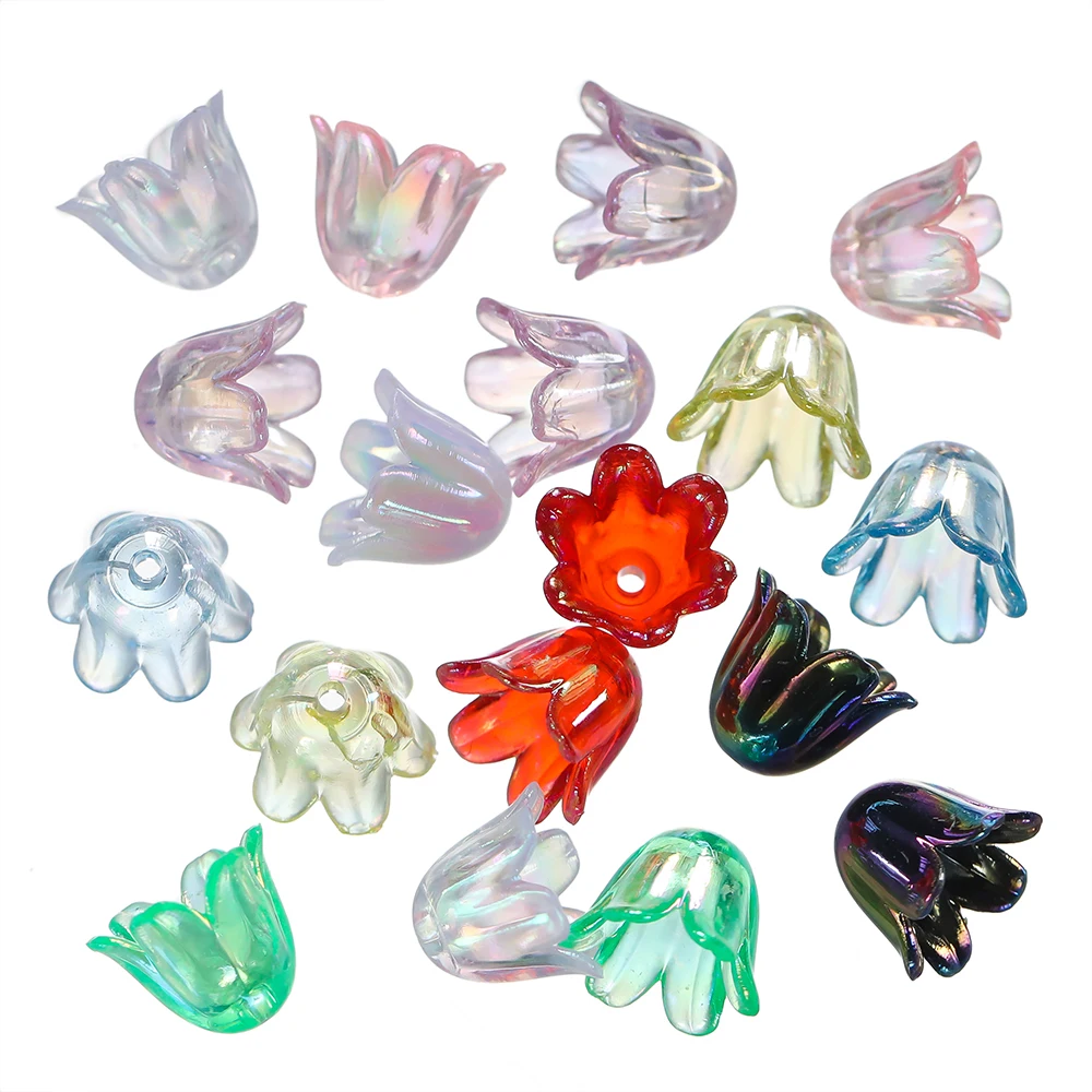 50 100pcs/lot AB Colorful Lily Flowers Acrylic Bead Caps Bellflower Spacer Beads For DIY Bracelet Necklace Jewelry Making