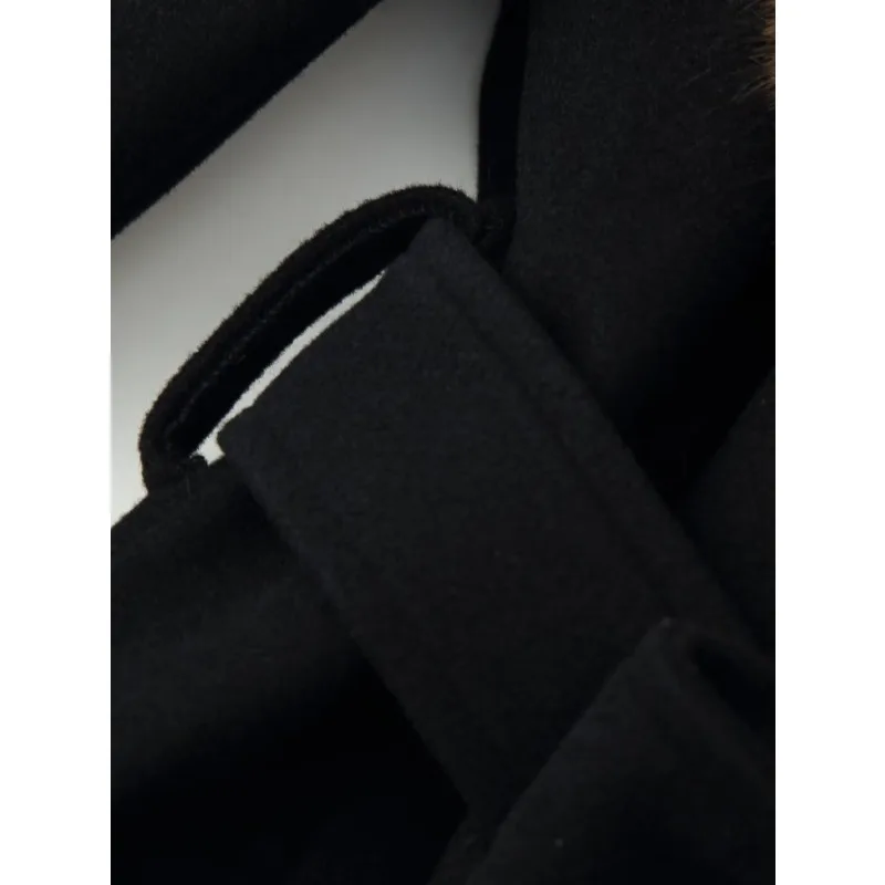 Autumn Winter Trend Streetwear Tweed Coat Fur Collar Versatile Outerwear Wool Coat Women Black Tops Trench Coats Belt Jackets