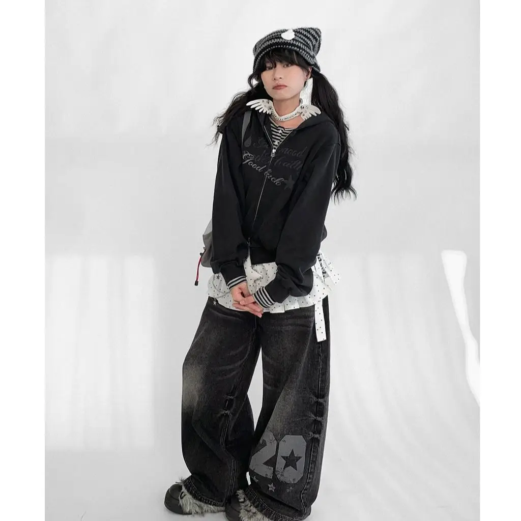 

Onalippa 2026 New Printed Cardigan Short Hooded Sweatshirt Girl Short Loose Stitching Plush Slim Fit Jacket Top Women