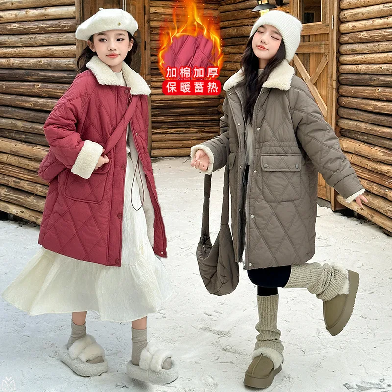 

autumn winter teen girls flannel thick cotton jacket big childrens Korean medium long warm outerwear junior kids ANCORA RED coat