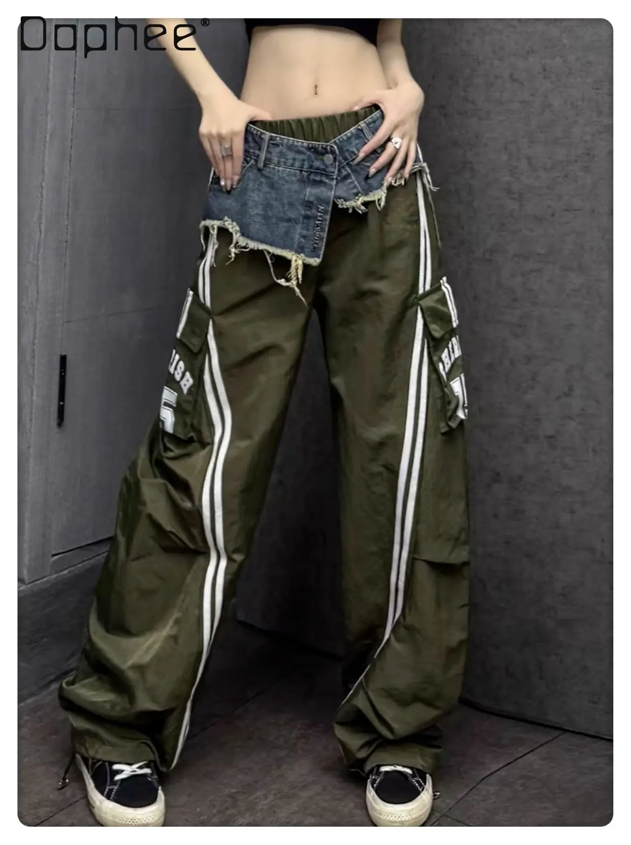 

European-style Military Green Patchwork Jeans for Women 2026 Spring-summer New Striped Letter-print Long Pants