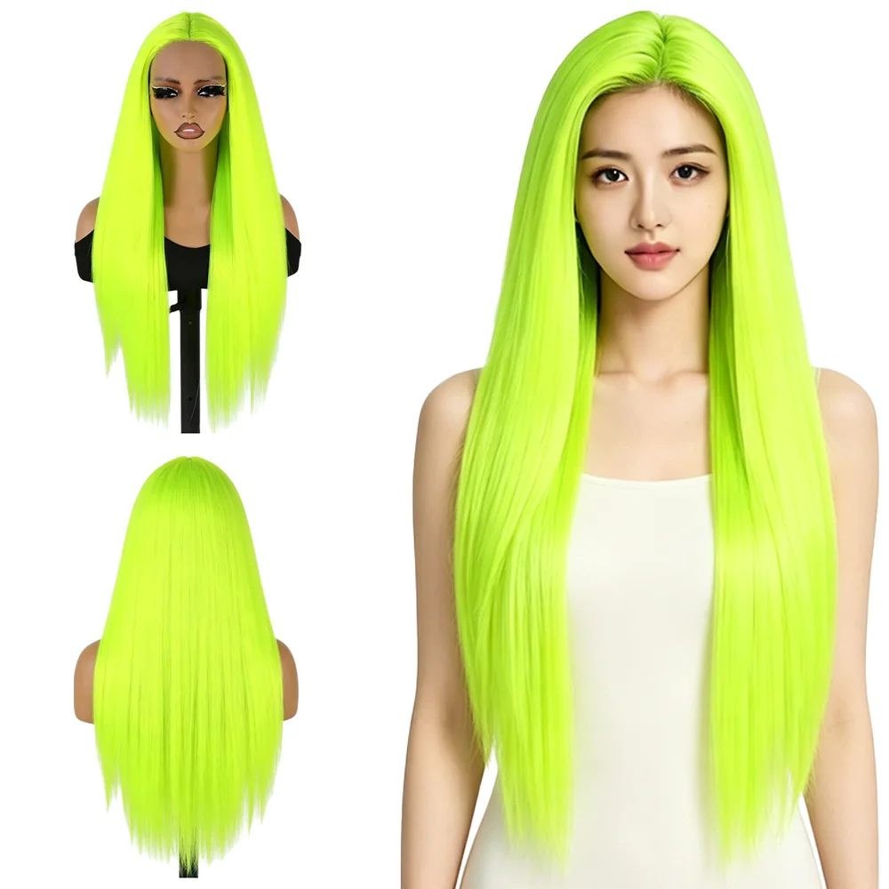 

Neon Green 13×4 Lace Front Long Straight Wig Heat Resistant Synthetic Bright Green Wig for Women Rave Party Music Festival Cos