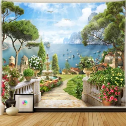 European Landscape Tapestry Natural Sea View Waterfall Aesthetics Bohemian Hippie Home Decor Landscape Tapestry Wall Hanging