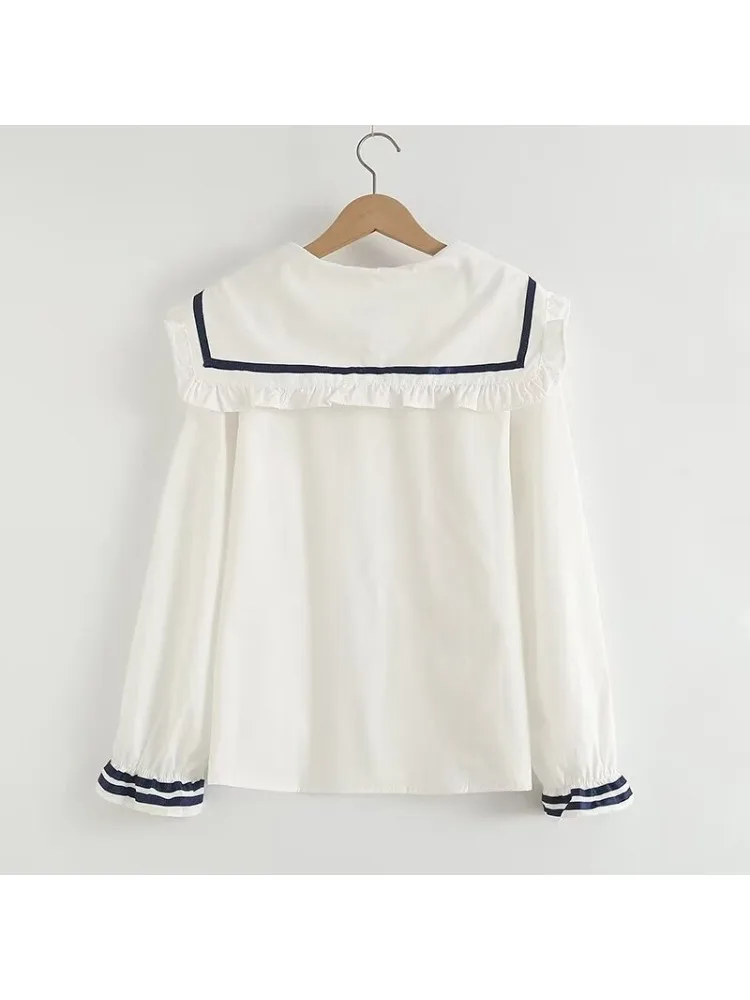 Merry Pretty Sailor Collar Women White Cotton Shirts Long Sleeve Ruffles Top Casual Women Blouse Sweet Preppy Stye Shirt