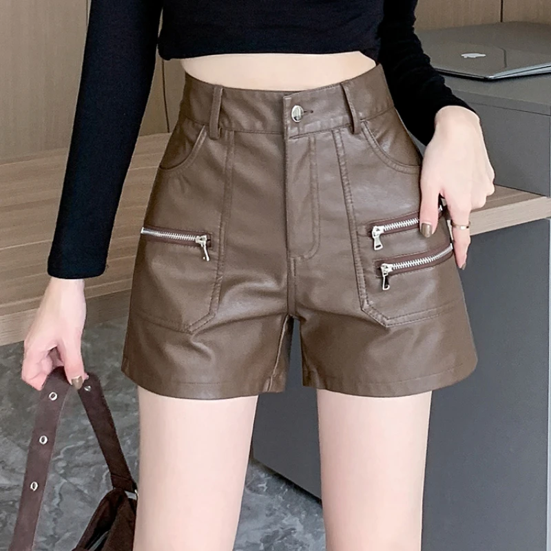 

PU Leather Women Shorts Autumn and Winter New Arrival Fashion Punk Style High-waisted Solid Color Female High Street Y2k Shorts