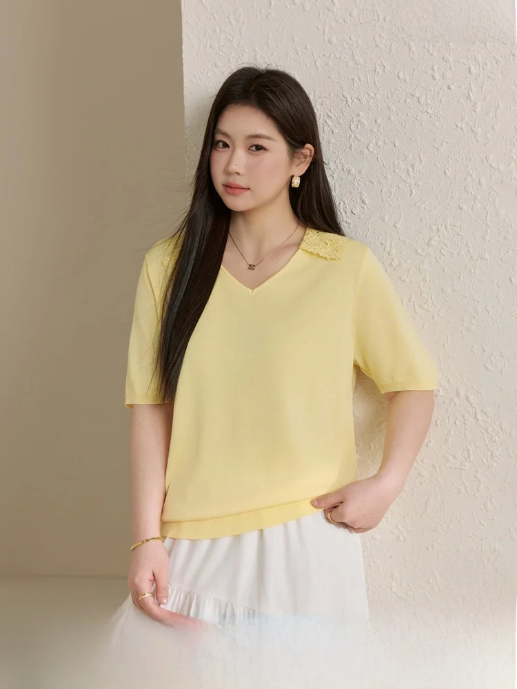 

Ele V-Ne Knitwear Gentle Collar Large Size Women's Simple Aosphere Top Spring Faion New Arrival QLXQL440RGY