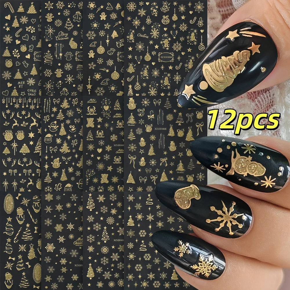 12개 골드 눈송이 눈사람 네일 스티커 3D 크리스마스 트리 램프 볼 슬라이더 별 하트 매니큐어 데칼 축제 네일 액세서리