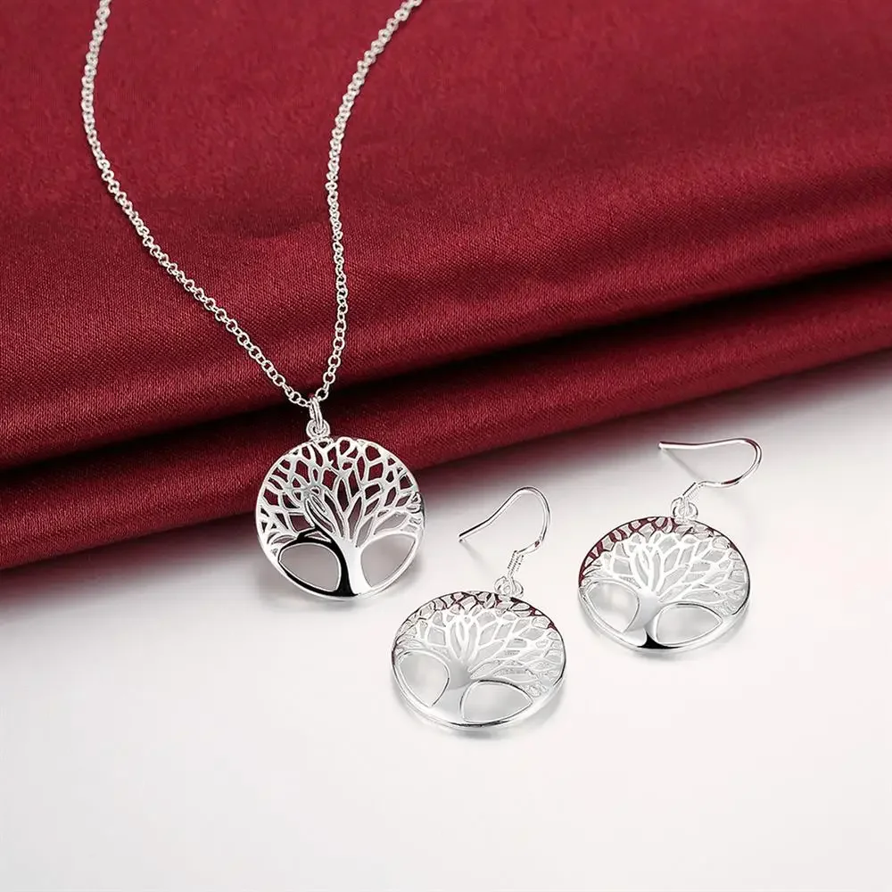 

New Pretty 925 Sterling Silver Elegant Round Leaves Pendant Necklace Earrings for Woman Jewelry Sets Fashion Party Wedding Gifts