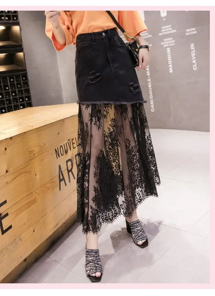 Spring and Summer 2025 Hip-wrapped Mesh Fashion Dress Female High-waisted Denim Bias Cut Lace Stitching Skirt